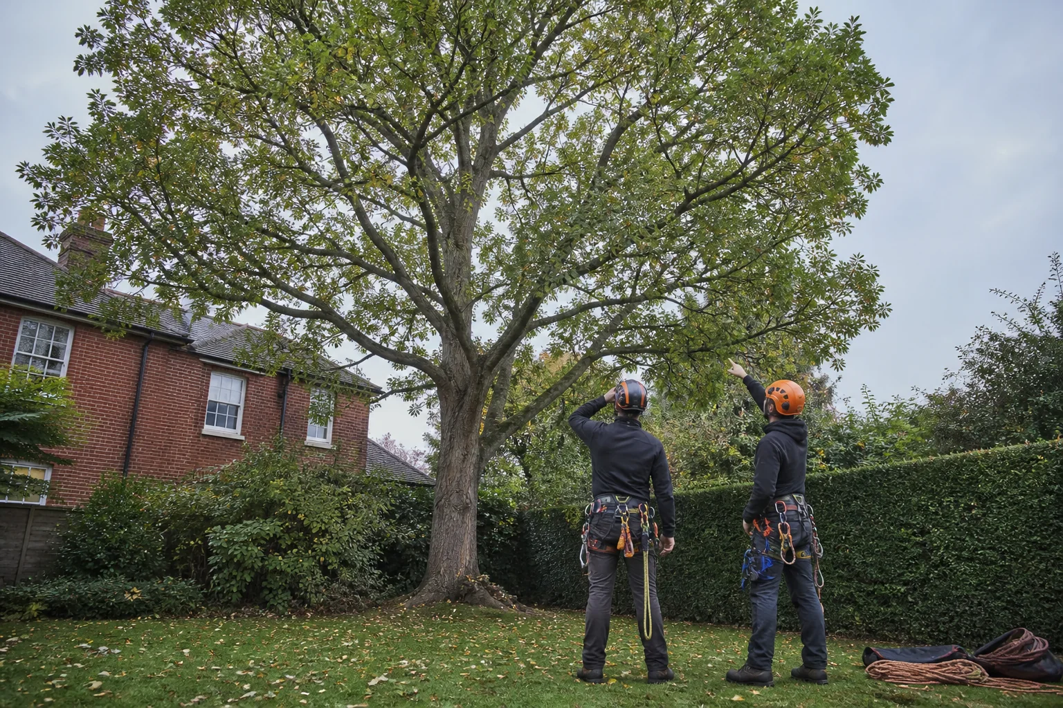 Two arborists looking through the branch structure of a mature garden tree.
