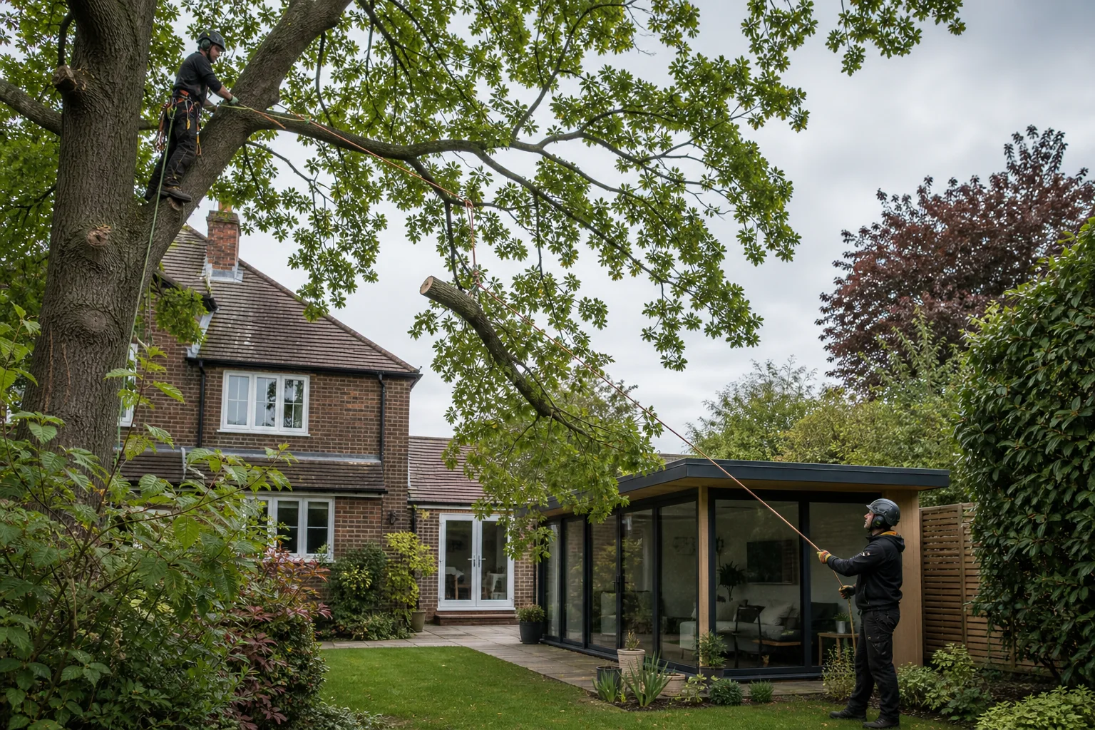 An arborist and ground worker control a selected branch beside a glazed garden room.