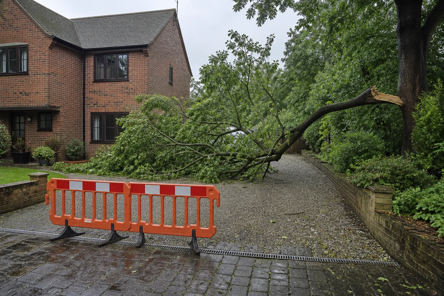 A storm-broken branch blocks a private driveway behind a temporary safety barrier.
