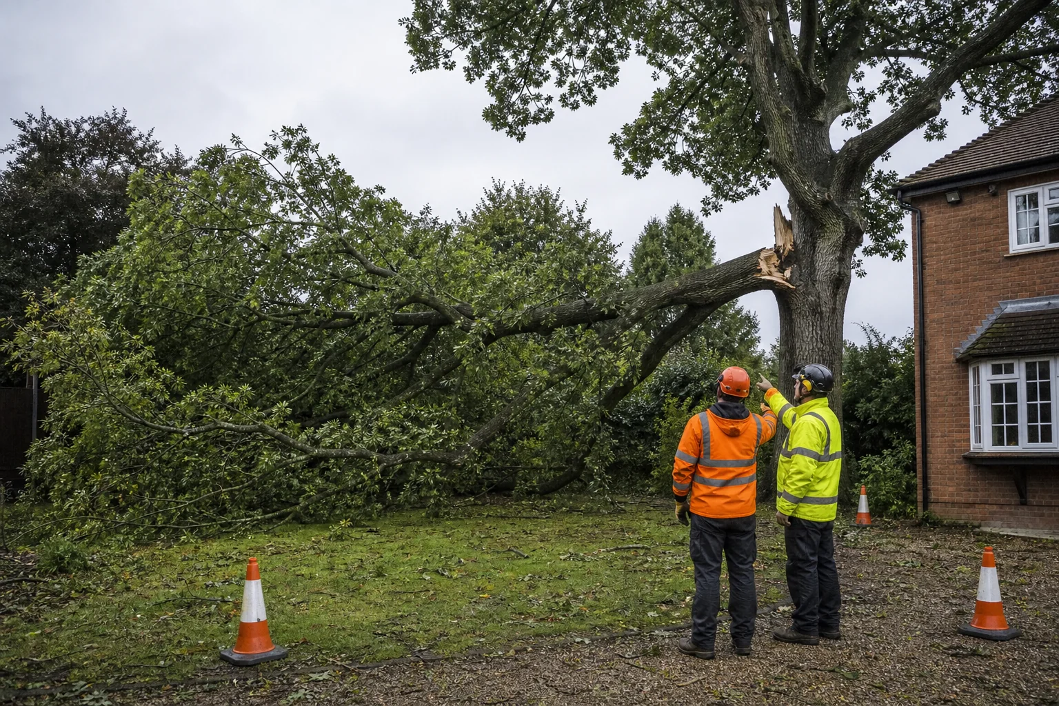 Two arborists assess a storm-broken branch from the side of its possible fall area.