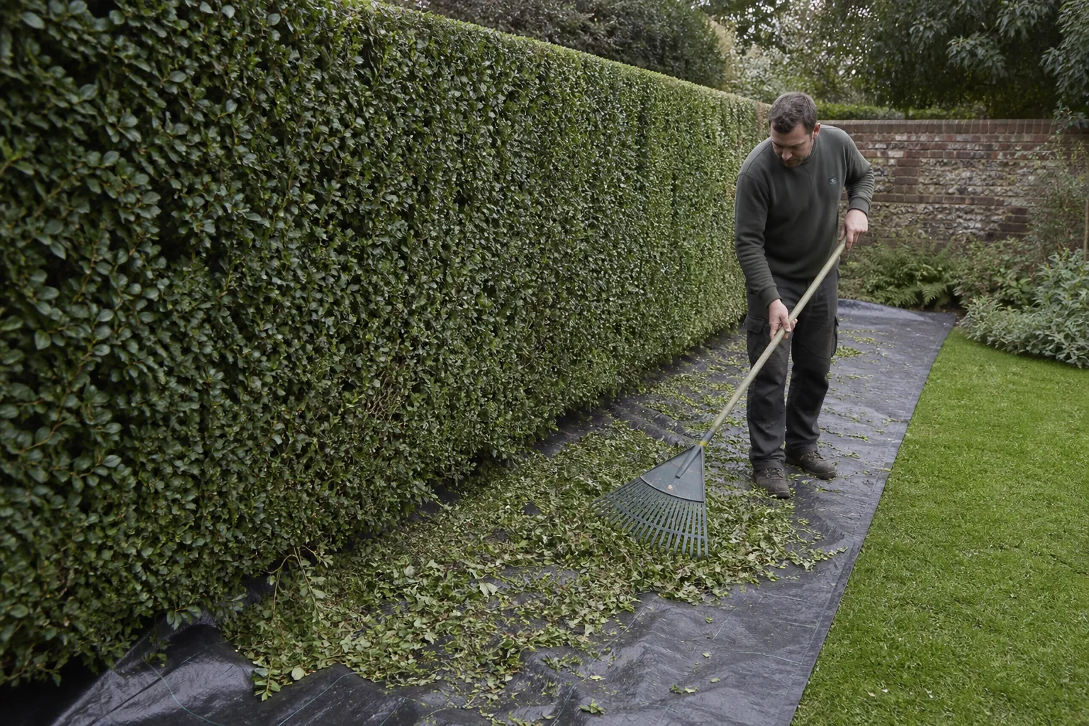 A worker rakes loose hedge clippings onto a tarpaulin beside a trimmed hedge.