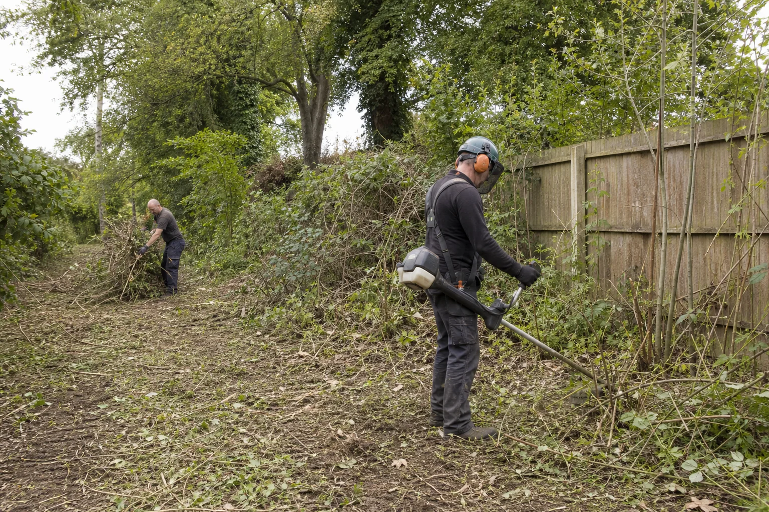Two workers clear scrub and stack brash along a defined strip beside a timber boundary.