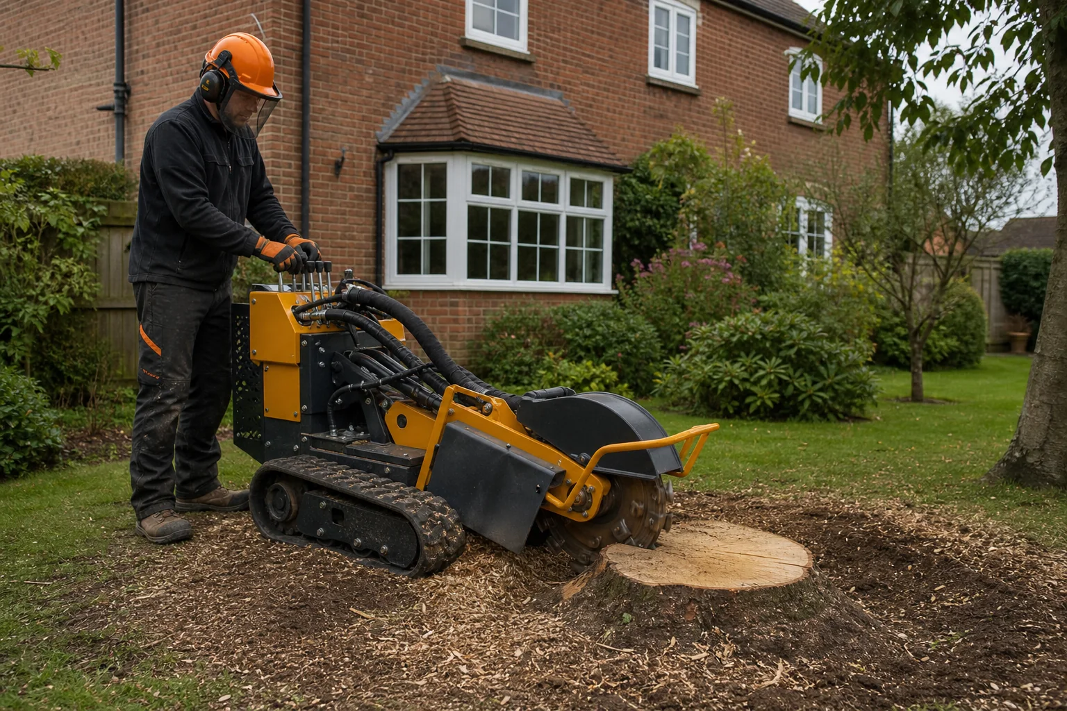 An operator uses a compact tracked stump grinder within a clear garden work area.