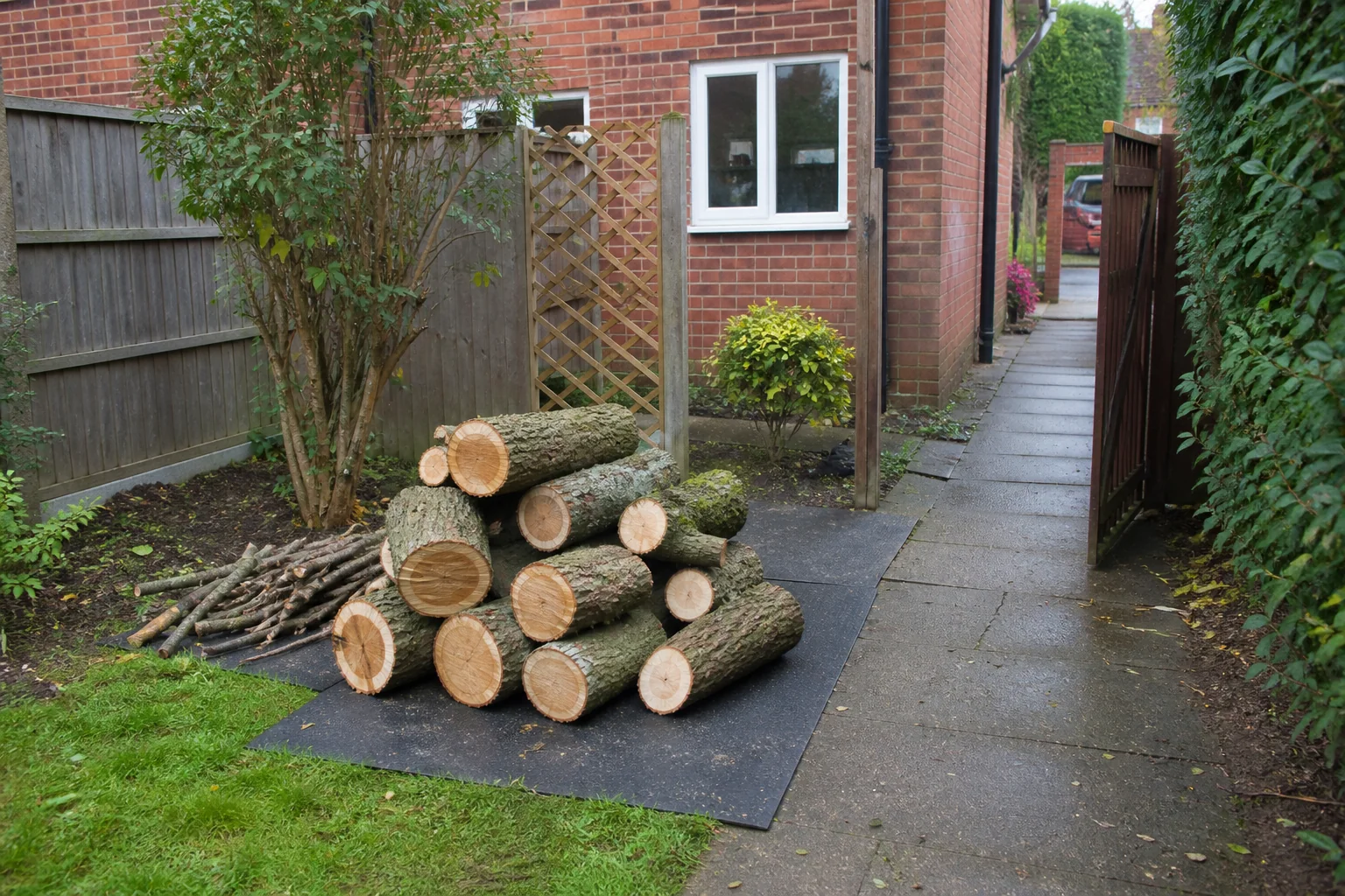 Manageable log sections rest on ground mats beside a narrow paved side passage.