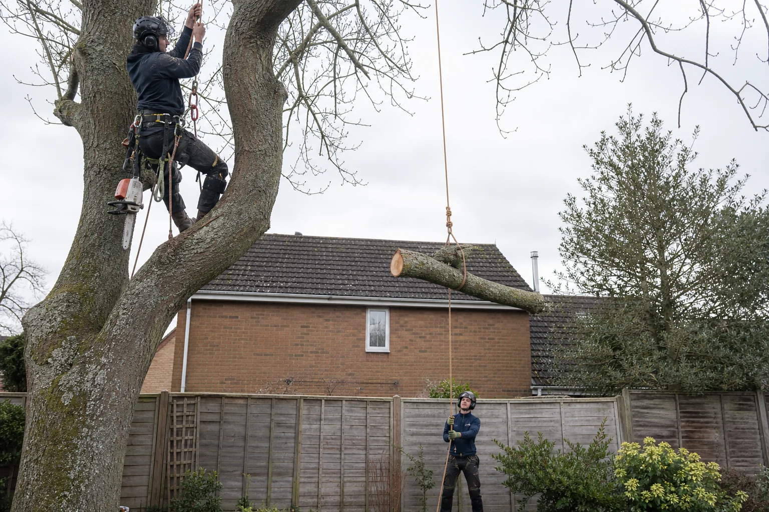 An arborist secures a cut tree section while a ground worker controls the lowering rope.