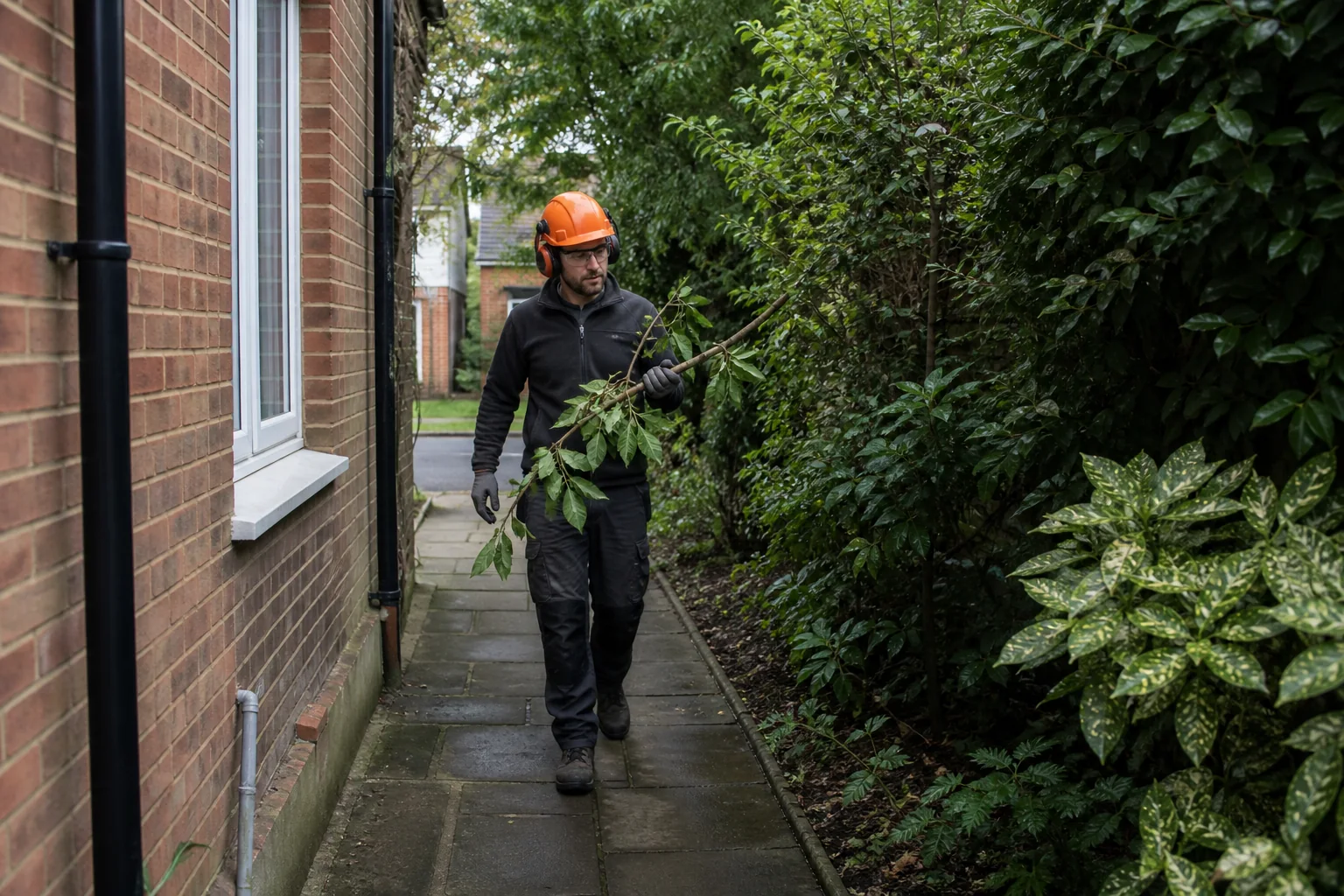 A tree worker carries a manageable pruned branch along a narrow paved side passage.