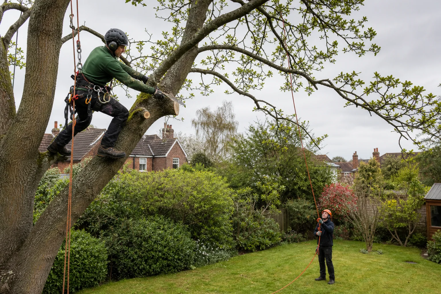 An arborist pruning a selected branch while a ground worker manages the rope below.