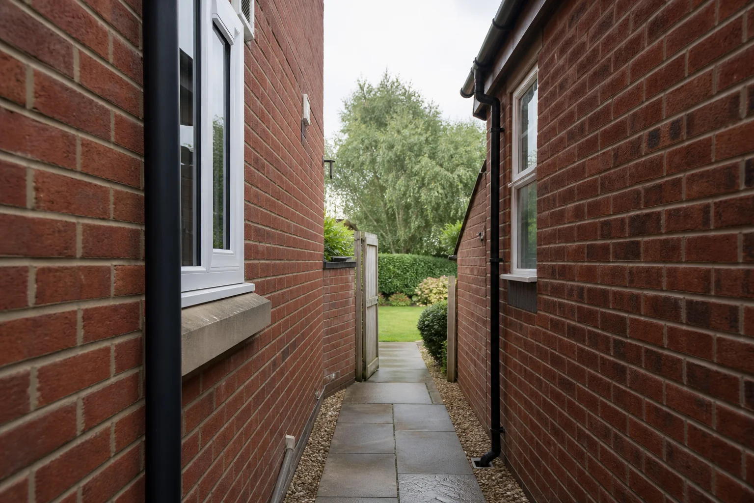 A narrow side passage leading from a British home into a mature garden.