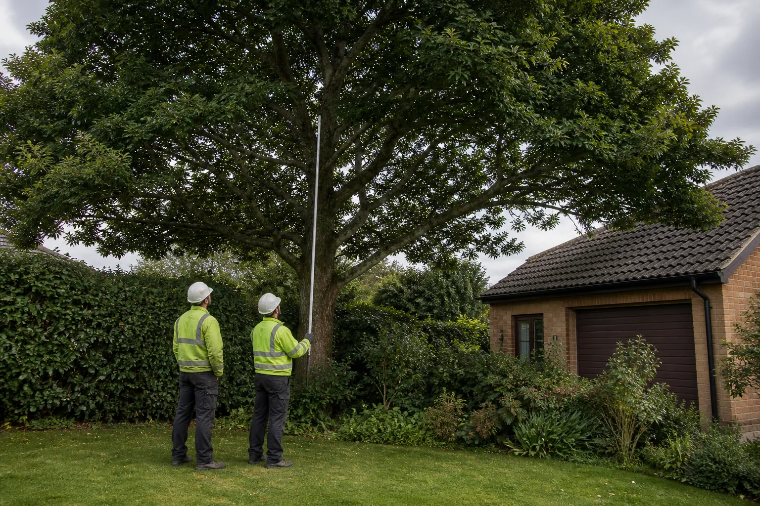 Two arborists compare a mature tree crown with the roof beside it.