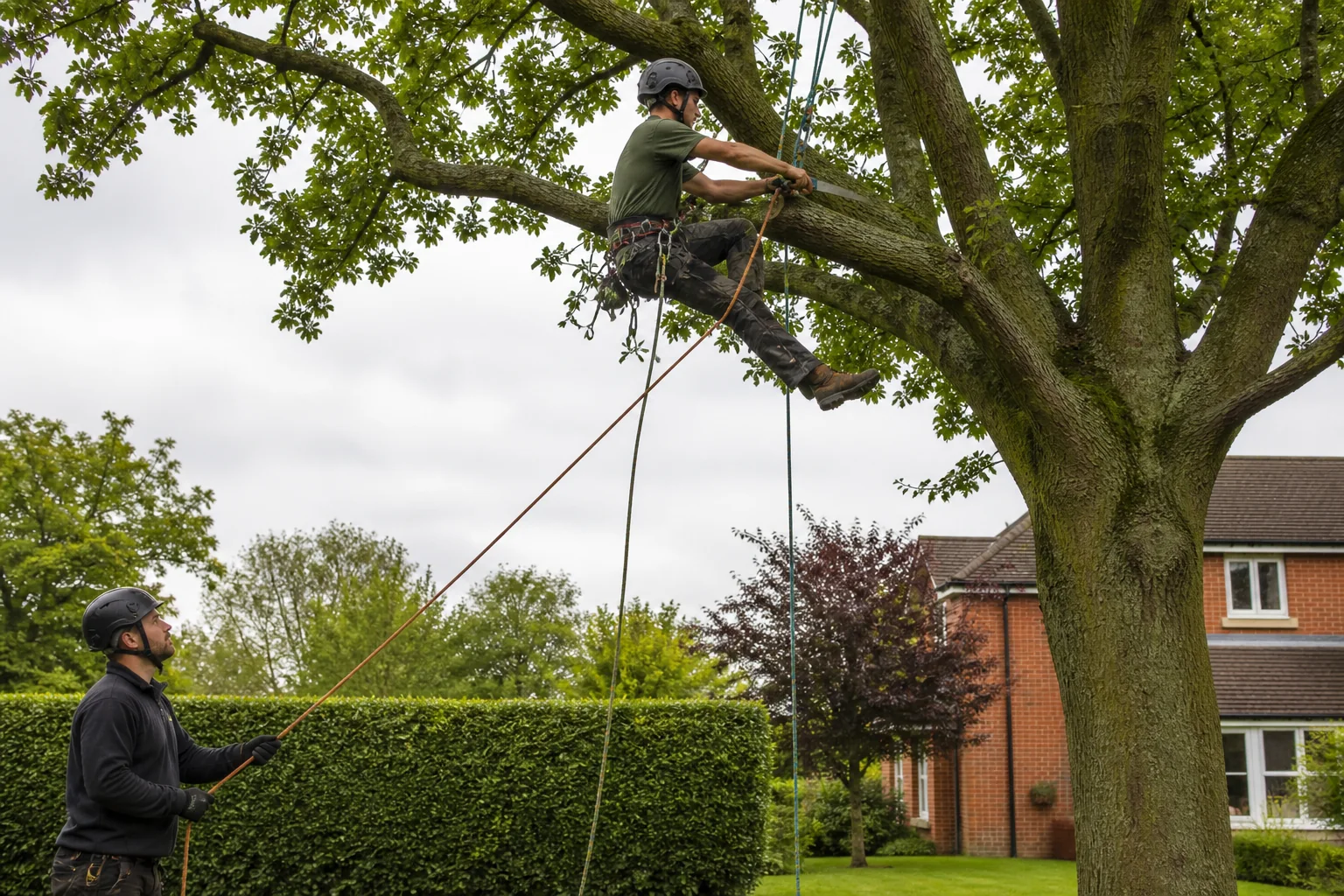 A rope-secured arborist makes a small hand-saw cut in a broad tree crown.