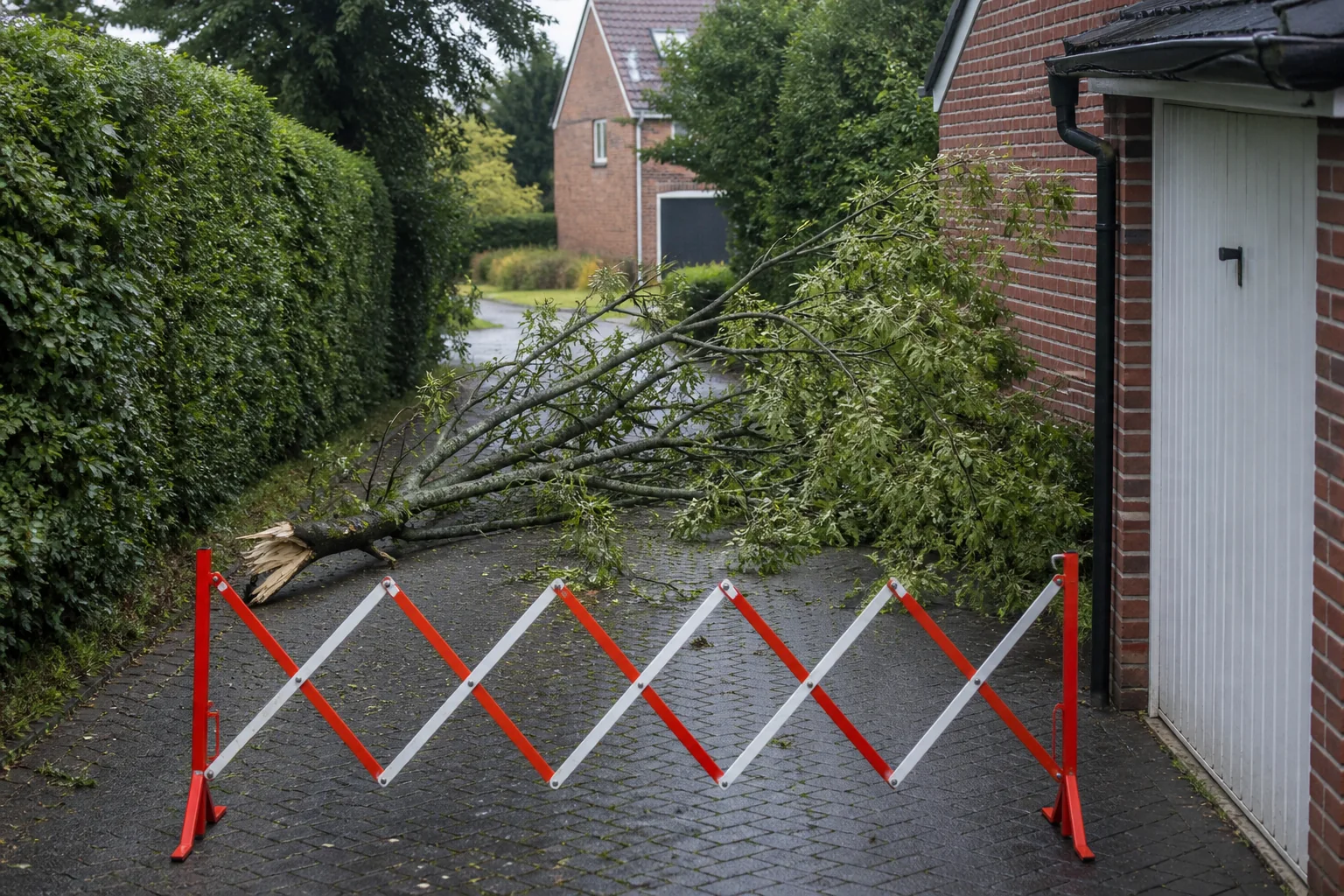 A storm-broken branch blocks a private drive behind a folding barrier.