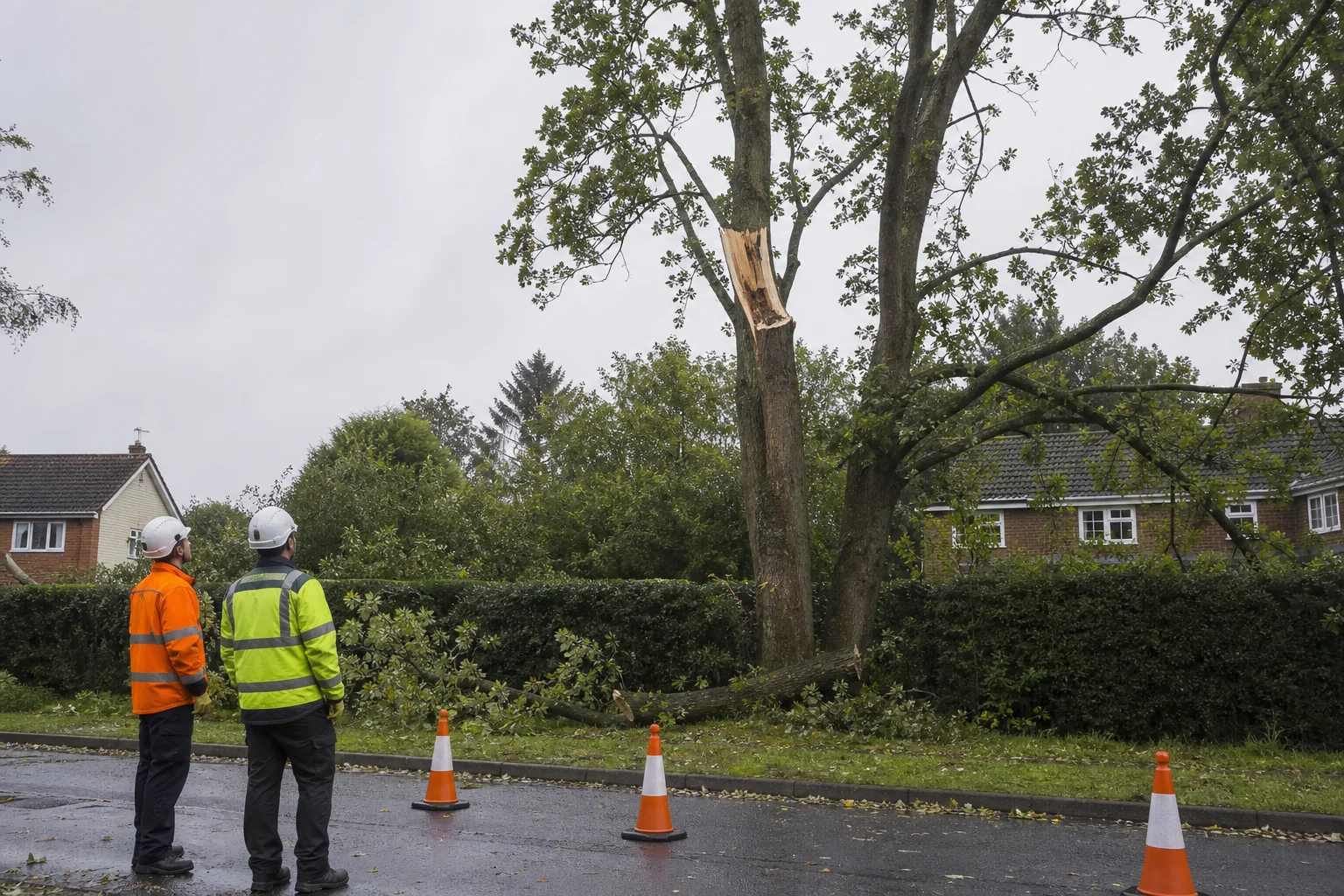 Two arborists assess a split tree from beyond a temporary cone line.