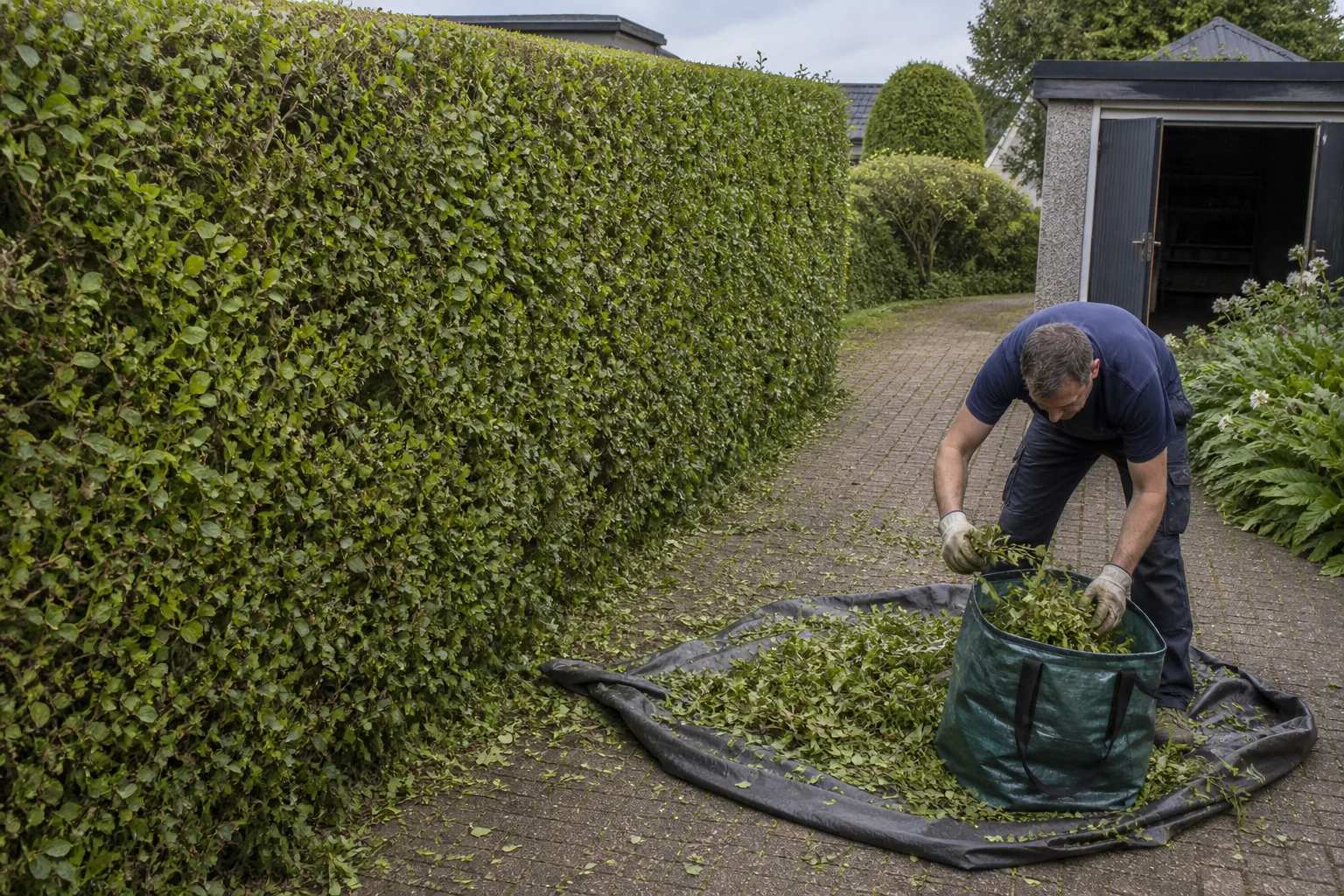 A worker gathers loose hedge clippings from a ground sheet beside a trimmed hedge.
