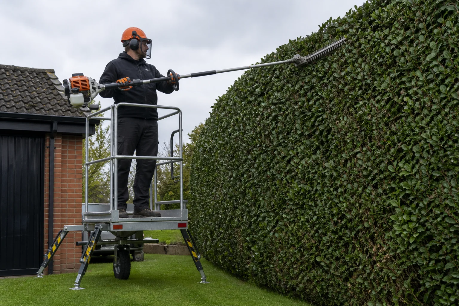 A worker uses a petrol long-reach hedge cutter from a guard-railed platform.