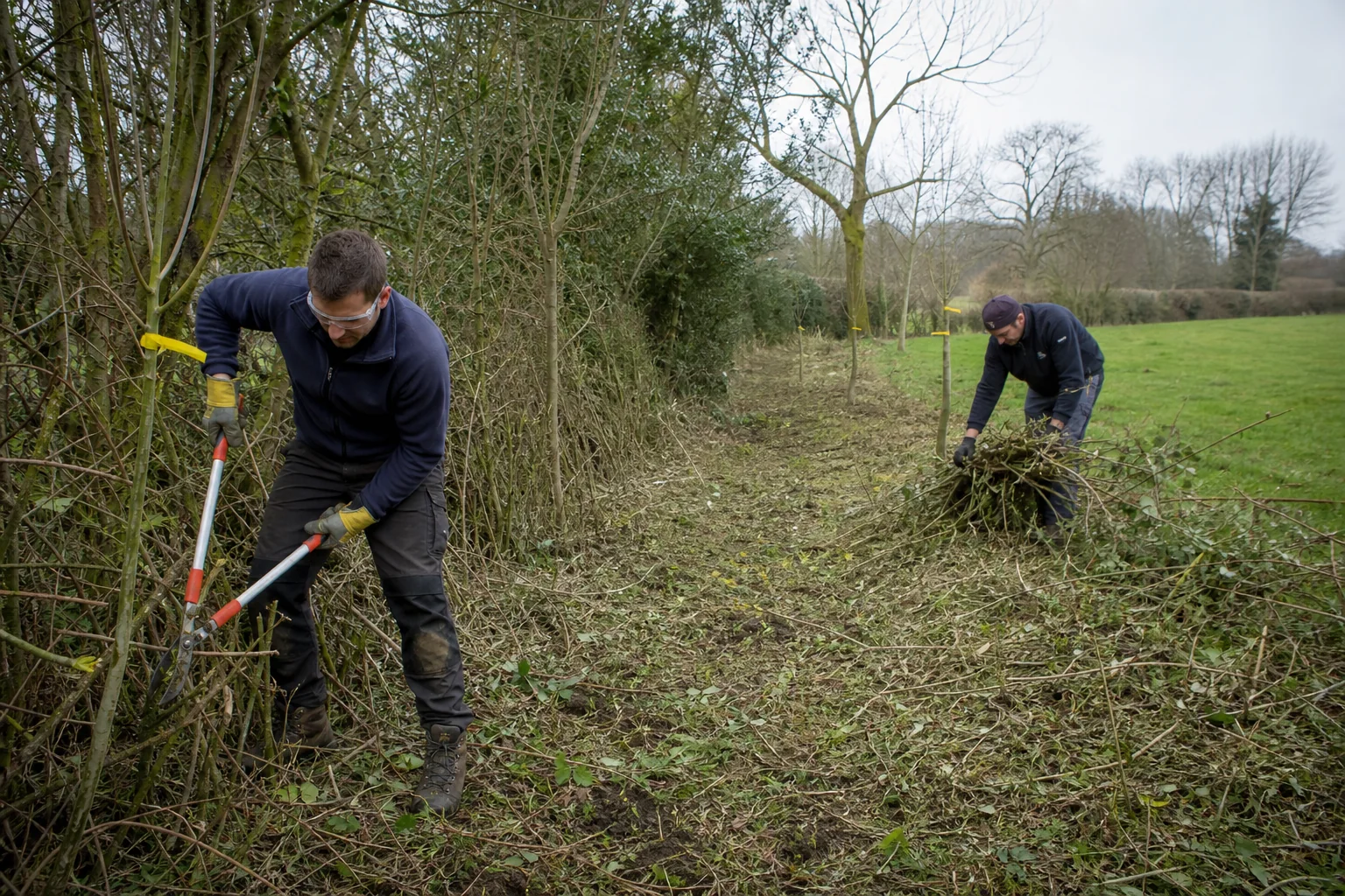 Two workers cut and stack scrub beside young trees marked for retention.