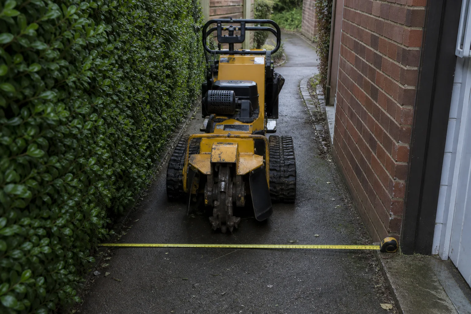 A compact stump grinder stands behind a tape measure in a narrow side passage.