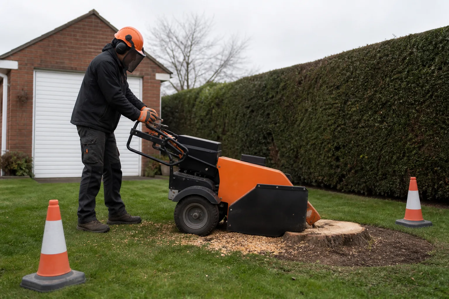 An operator uses a guarded pedestrian stump grinder inside a coned work area.