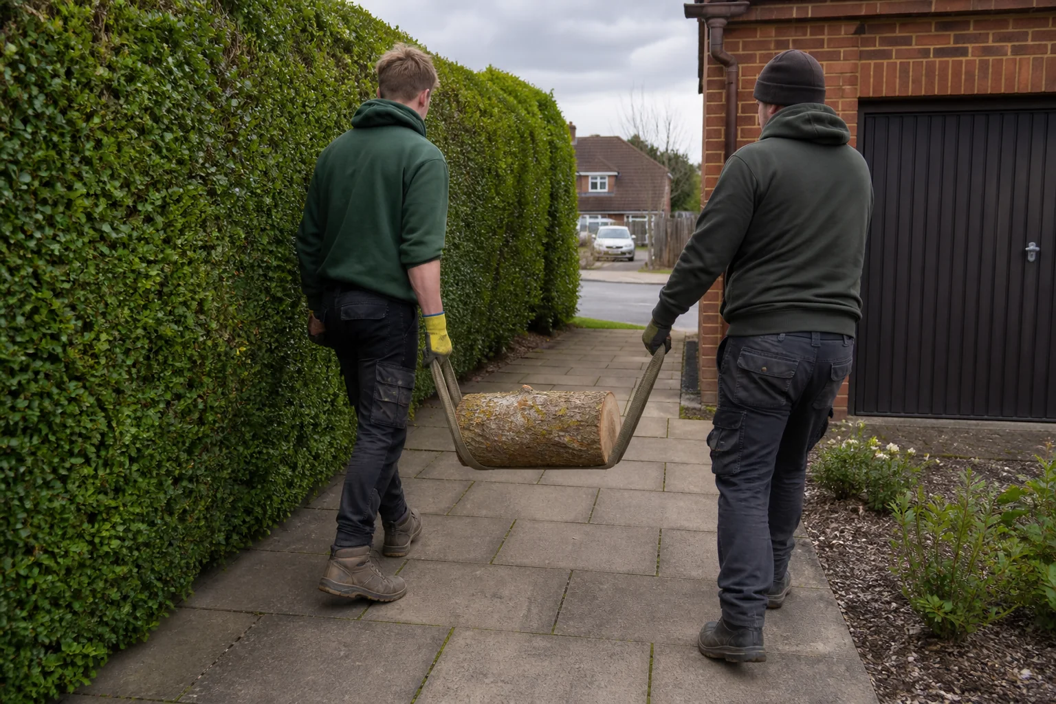 Two workers move a short log on a carrying sling between a hedge and brick garage.