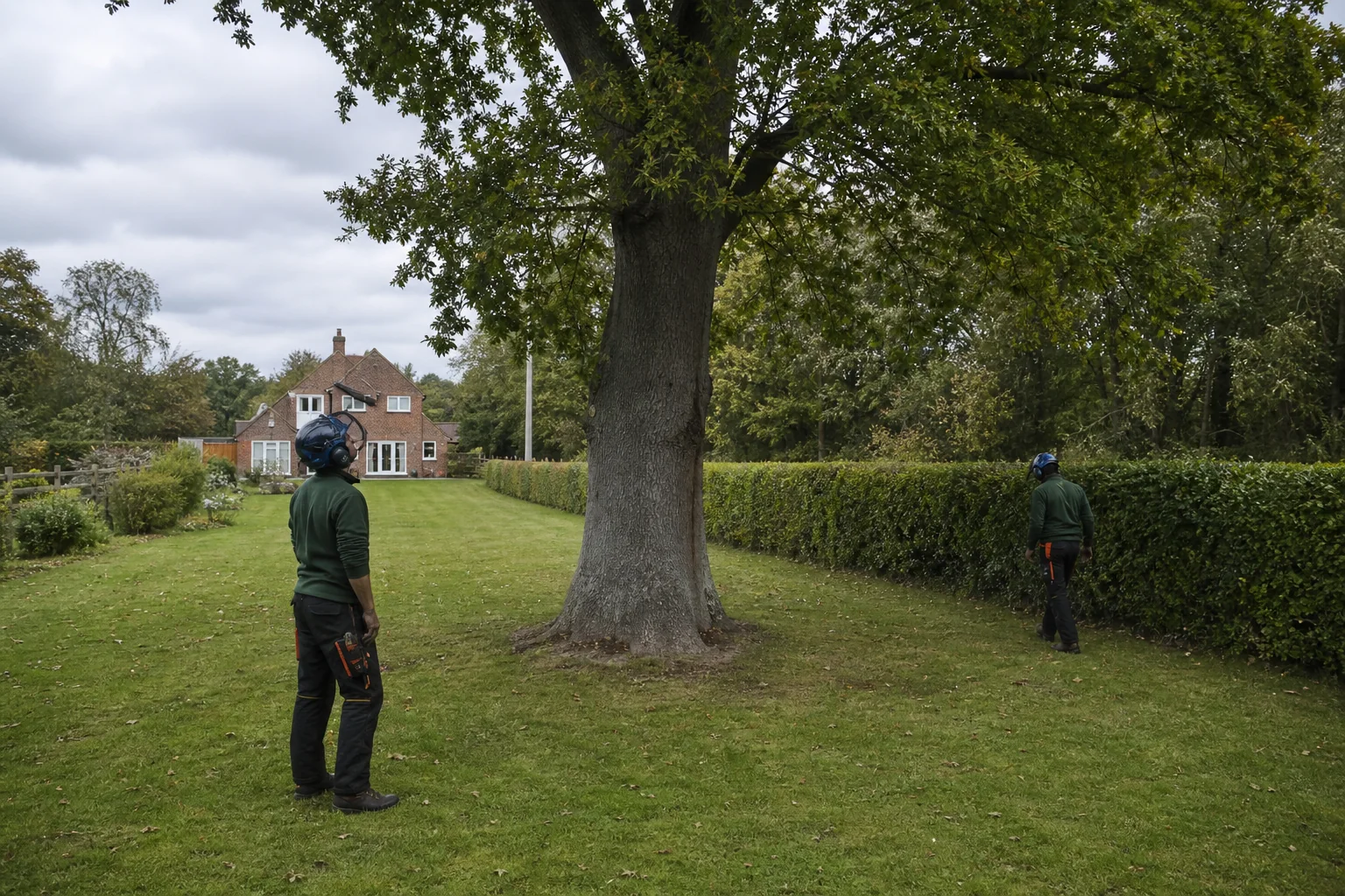 Two arborists assess a mature garden tree and the clear lawn around it.