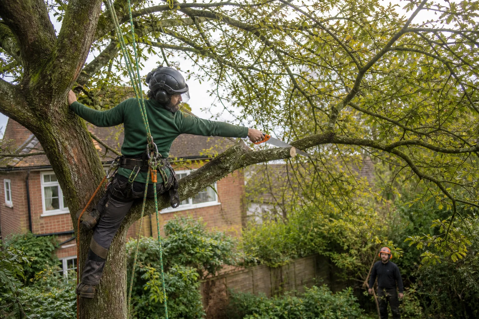 A rope-secured arborist uses a hand saw on a small selected branch.