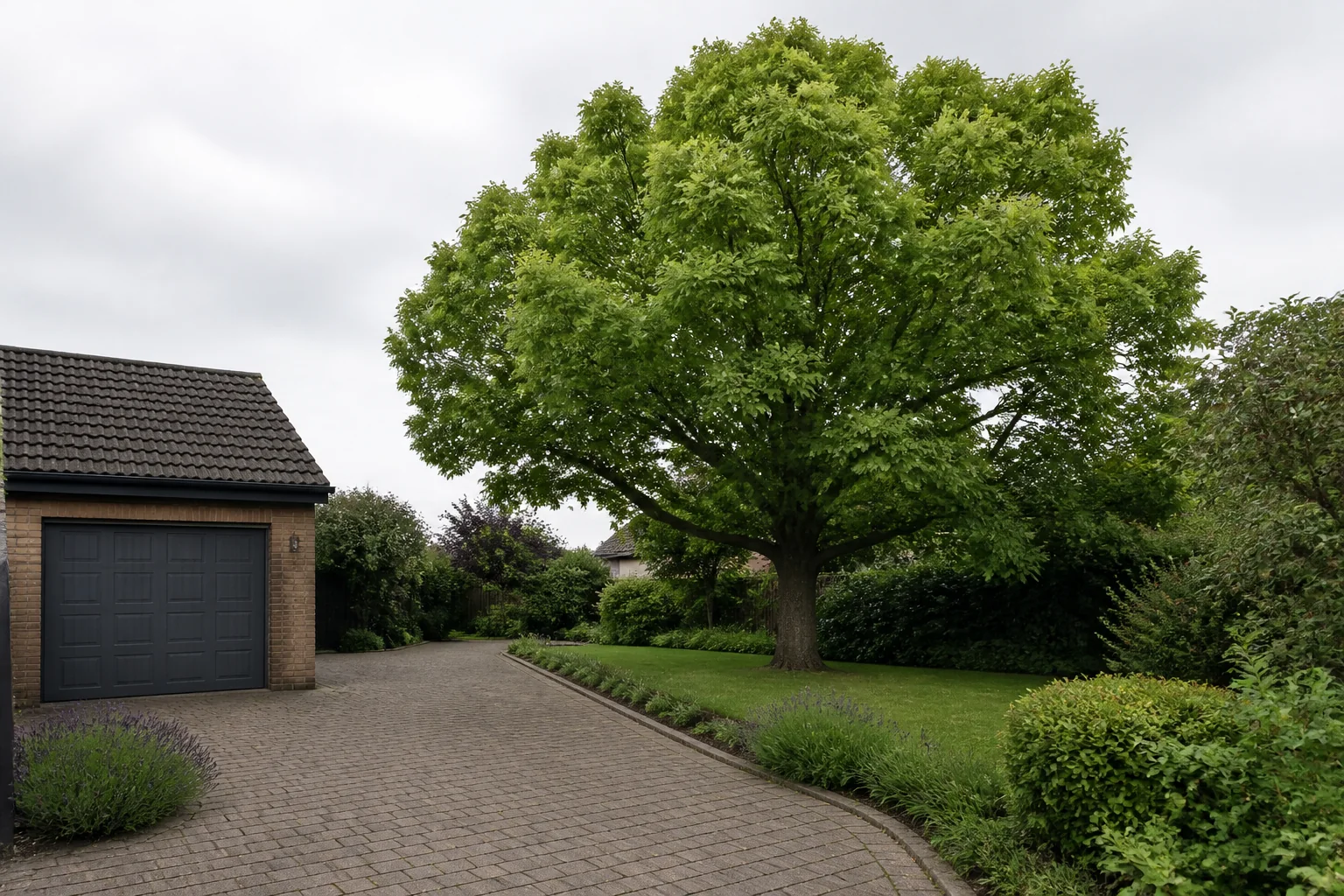 A mature broadleaf tree beside a paved driveway, brick garage and planted garden borders.
