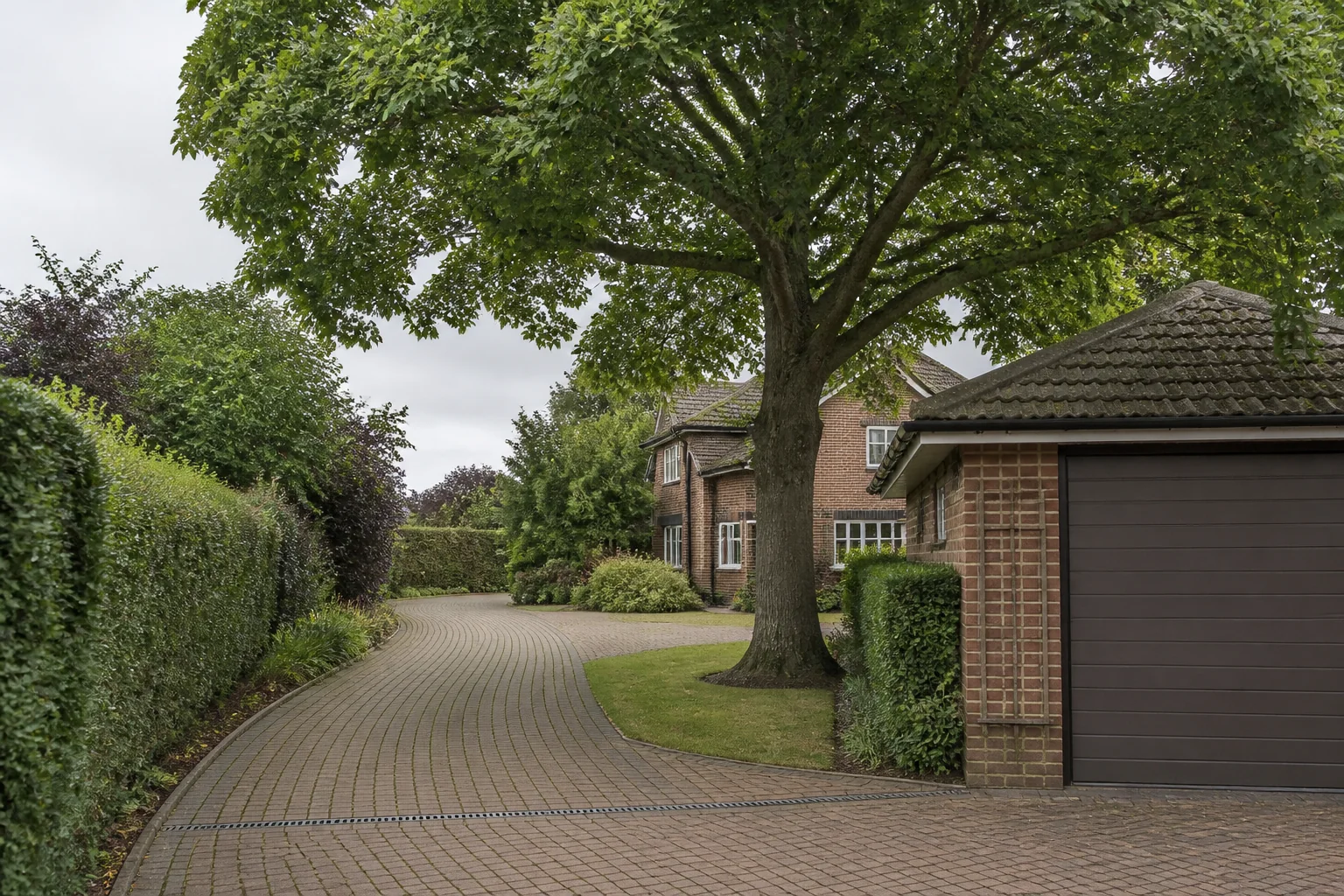 A mature broadleaf tree beside a curved block-paved driveway, brick garage and established hedges.