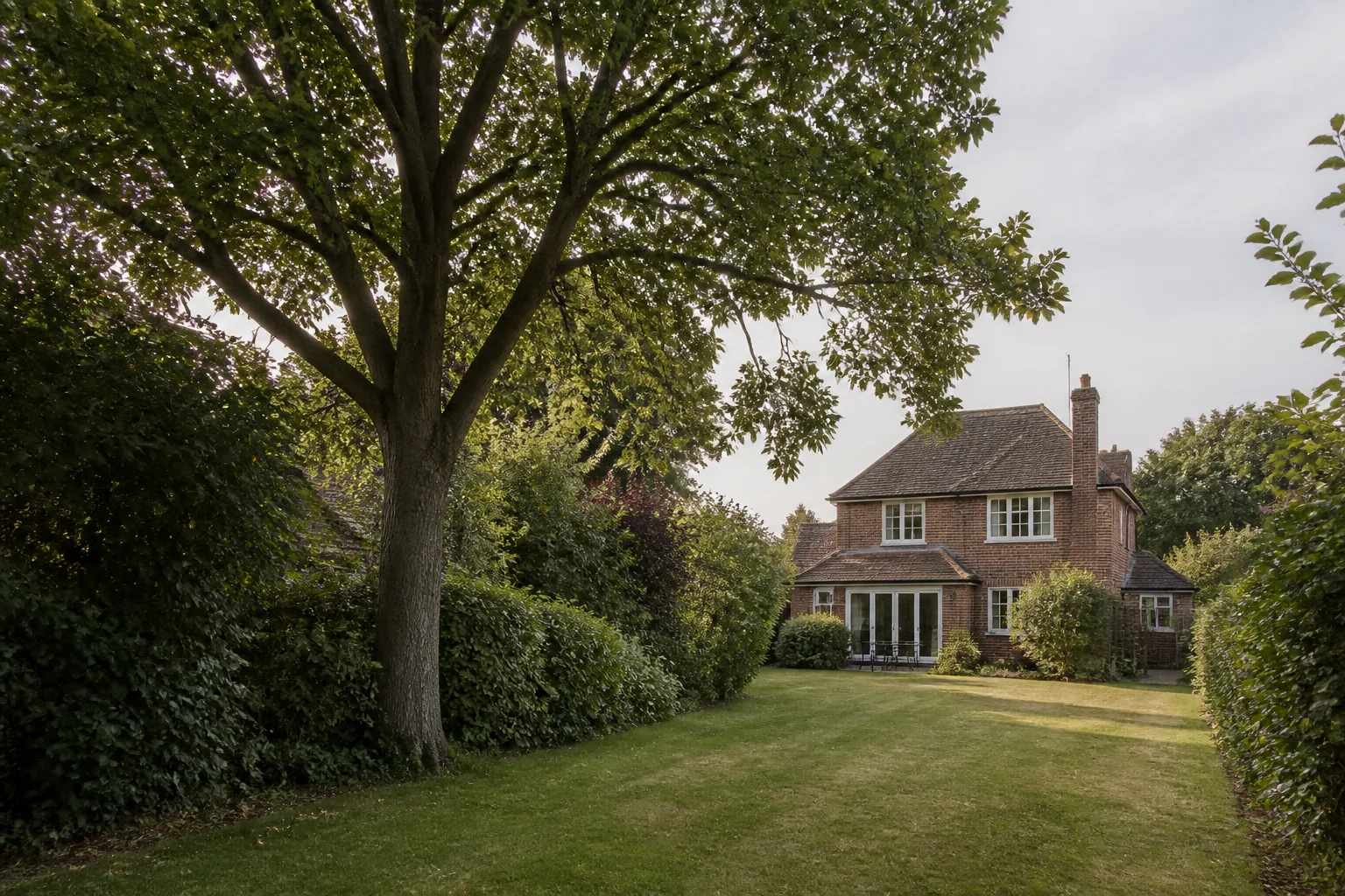 A tall mature tree in a deep rear garden beside a detached brick home and clipped hedge.