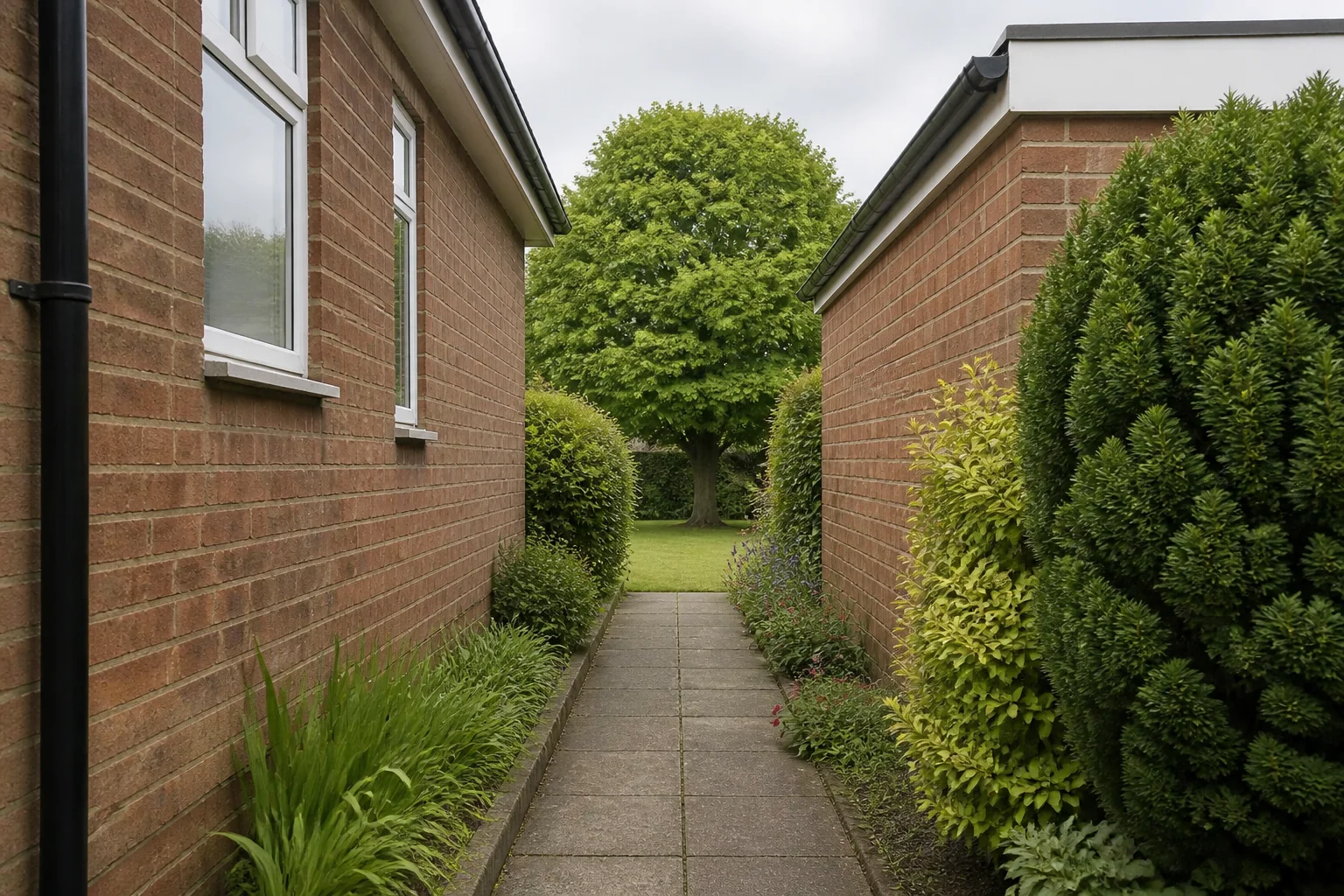 A mature broadleaf tree seen through a narrow paved passage between a brick house and garage.