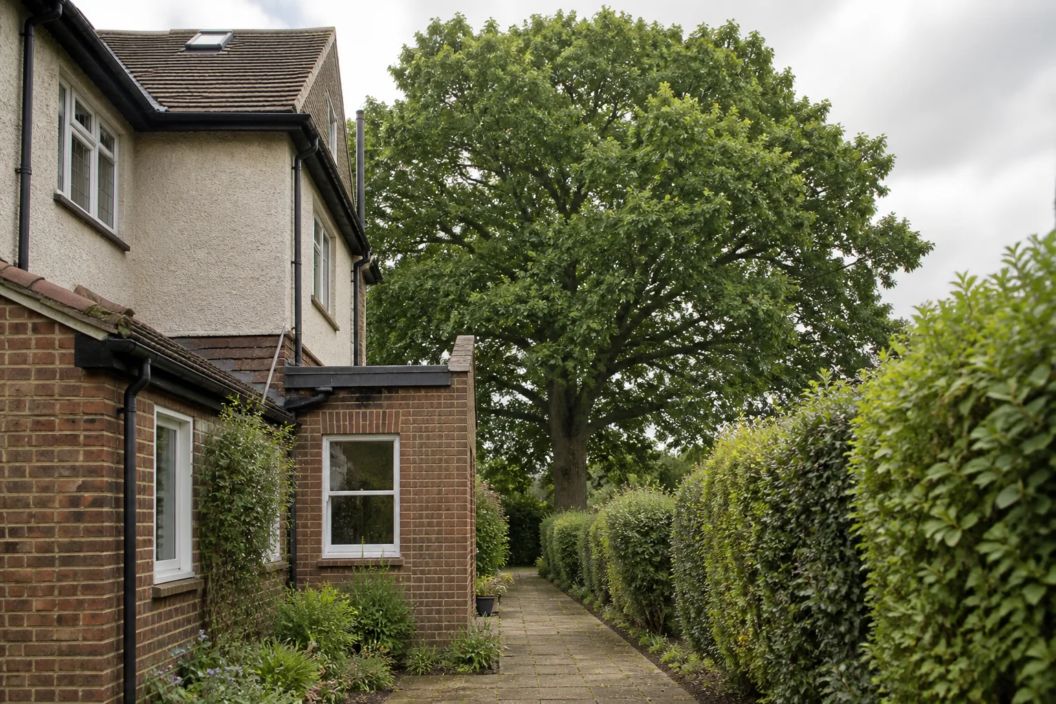 A mature broadleaf tree beyond a narrow paved side return between a house extension and hedge.