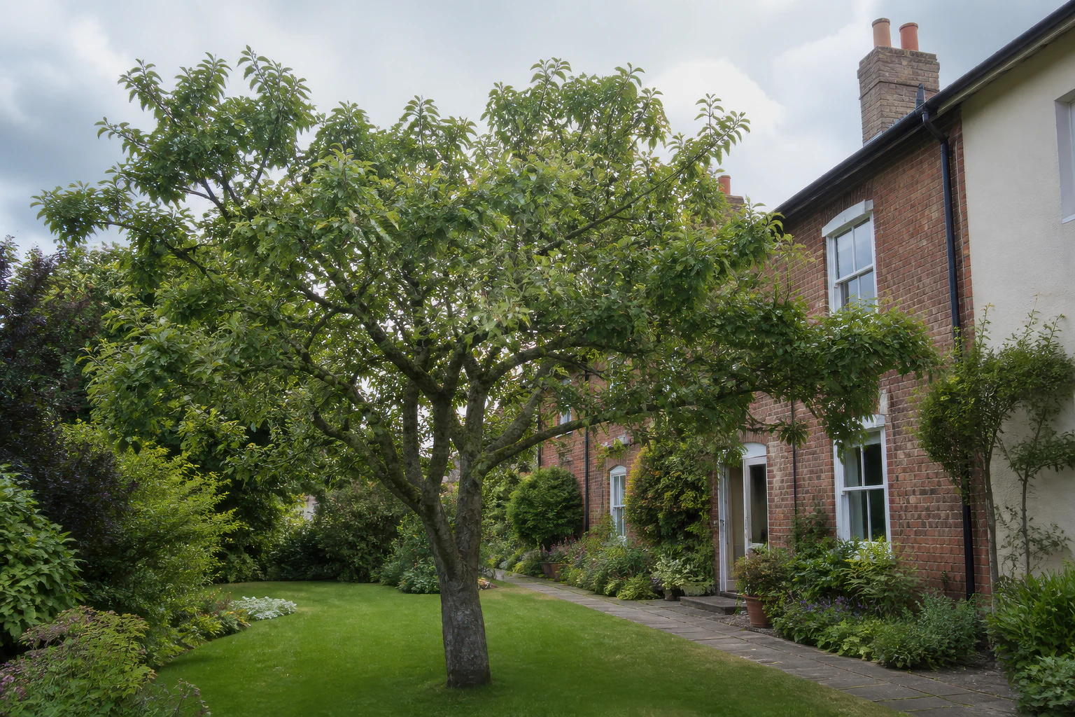 A mature broadleaf tree in a deep lawn beside ordinary older red-brick and rendered homes and mixed planting.