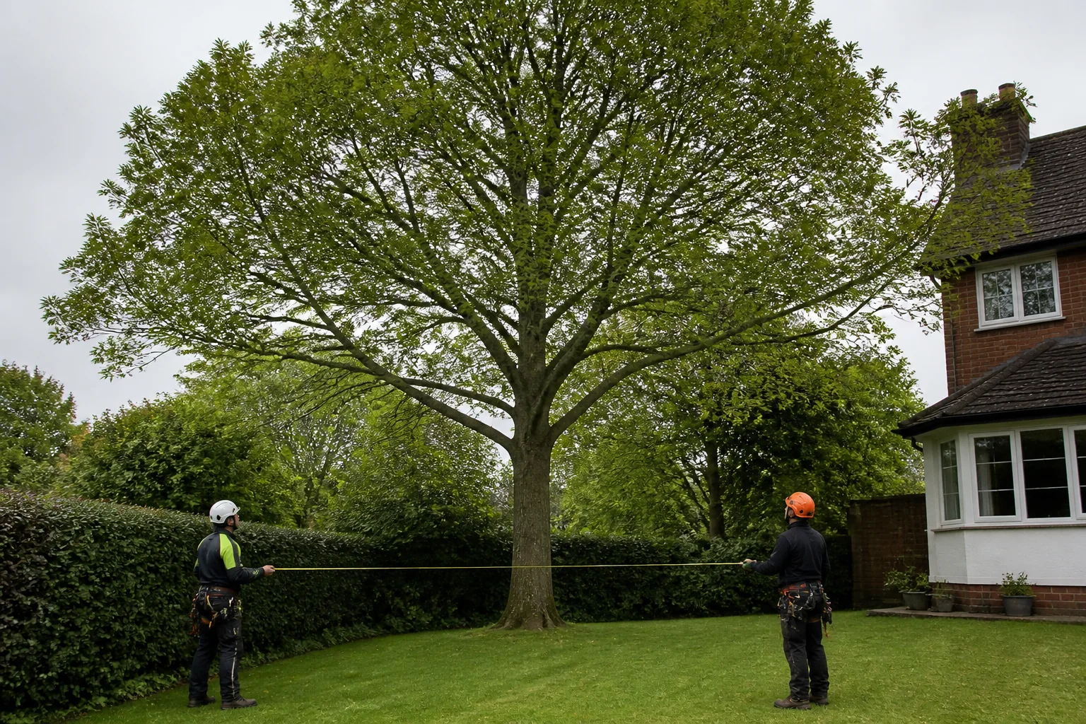 Two arborists looking up through the branch structure of a mature garden tree.