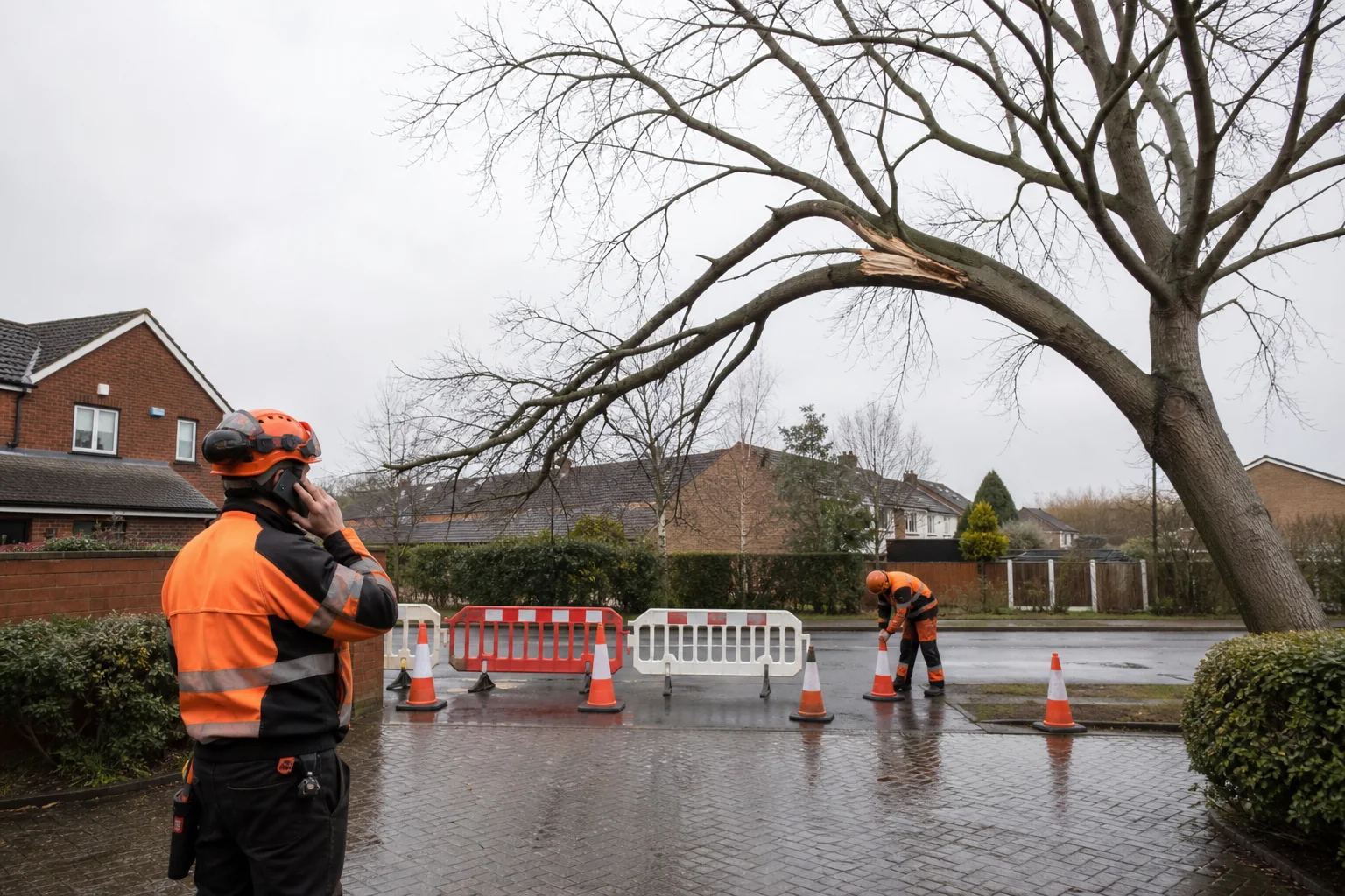 A storm-damaged branch lying across a residential garden path behind a safety barrier.