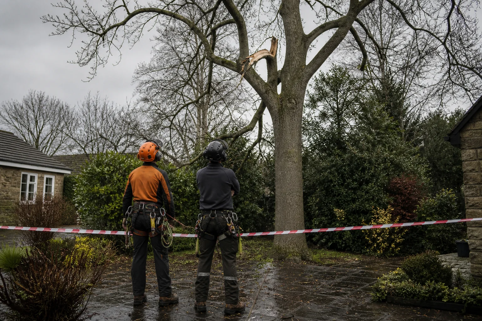 Two arborists assessing a large broken branch from a safe position on the ground.