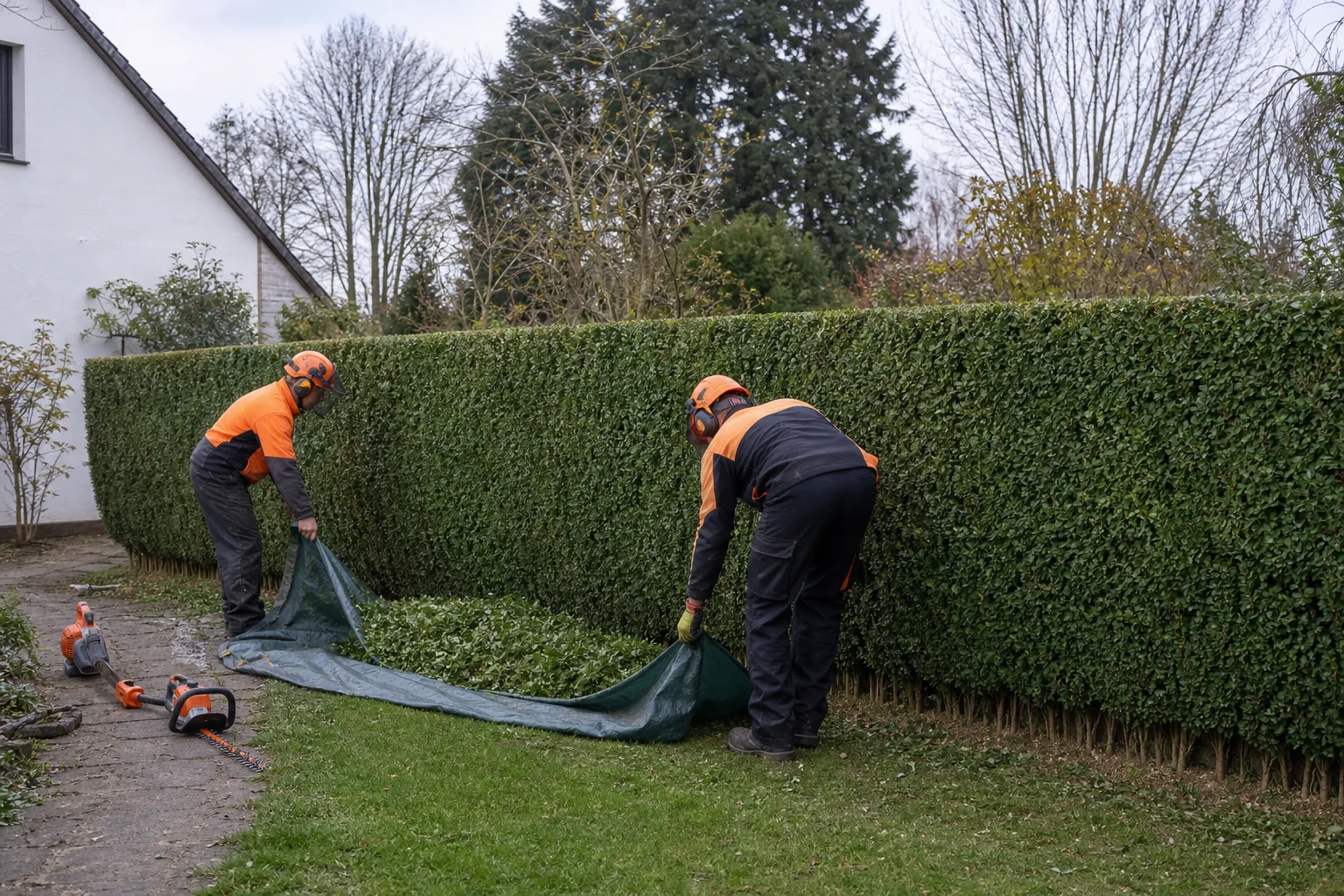 A trimmed hedge beside a swept garden path with cuttings gathered for removal.
