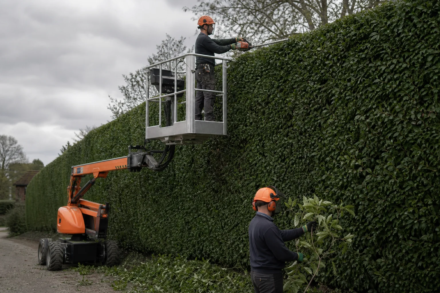 A tree worker trimming the face of a tall evergreen garden hedge.