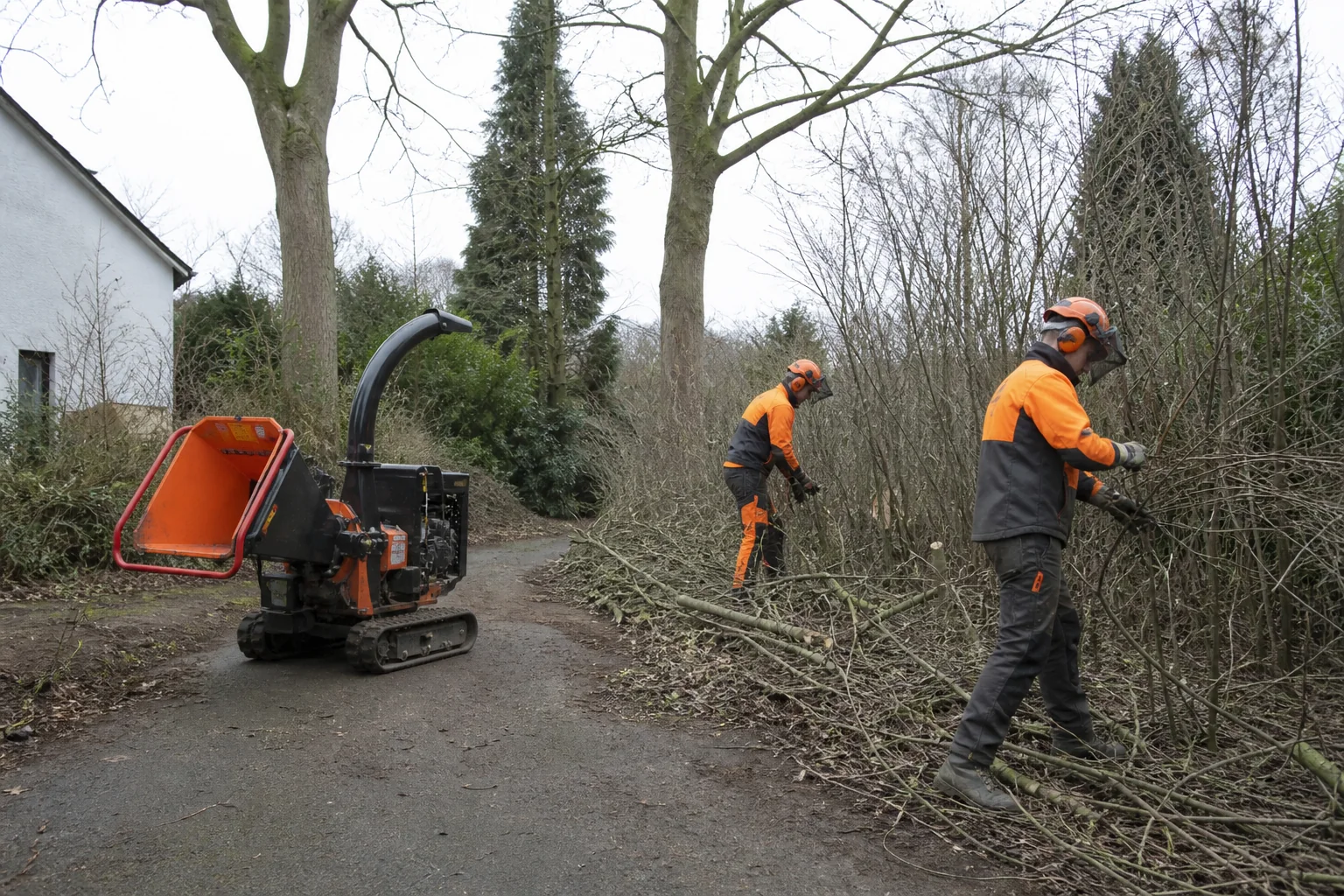 Two arborists cutting scrub and moving brash on an overgrown garden plot.
