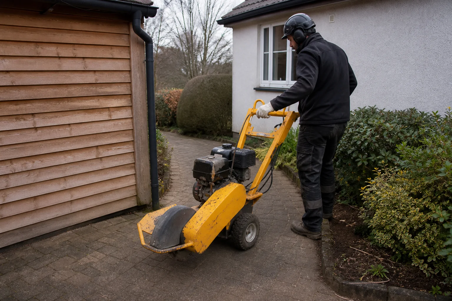 A compact stump grinder being guided through a narrow timber garden gate.