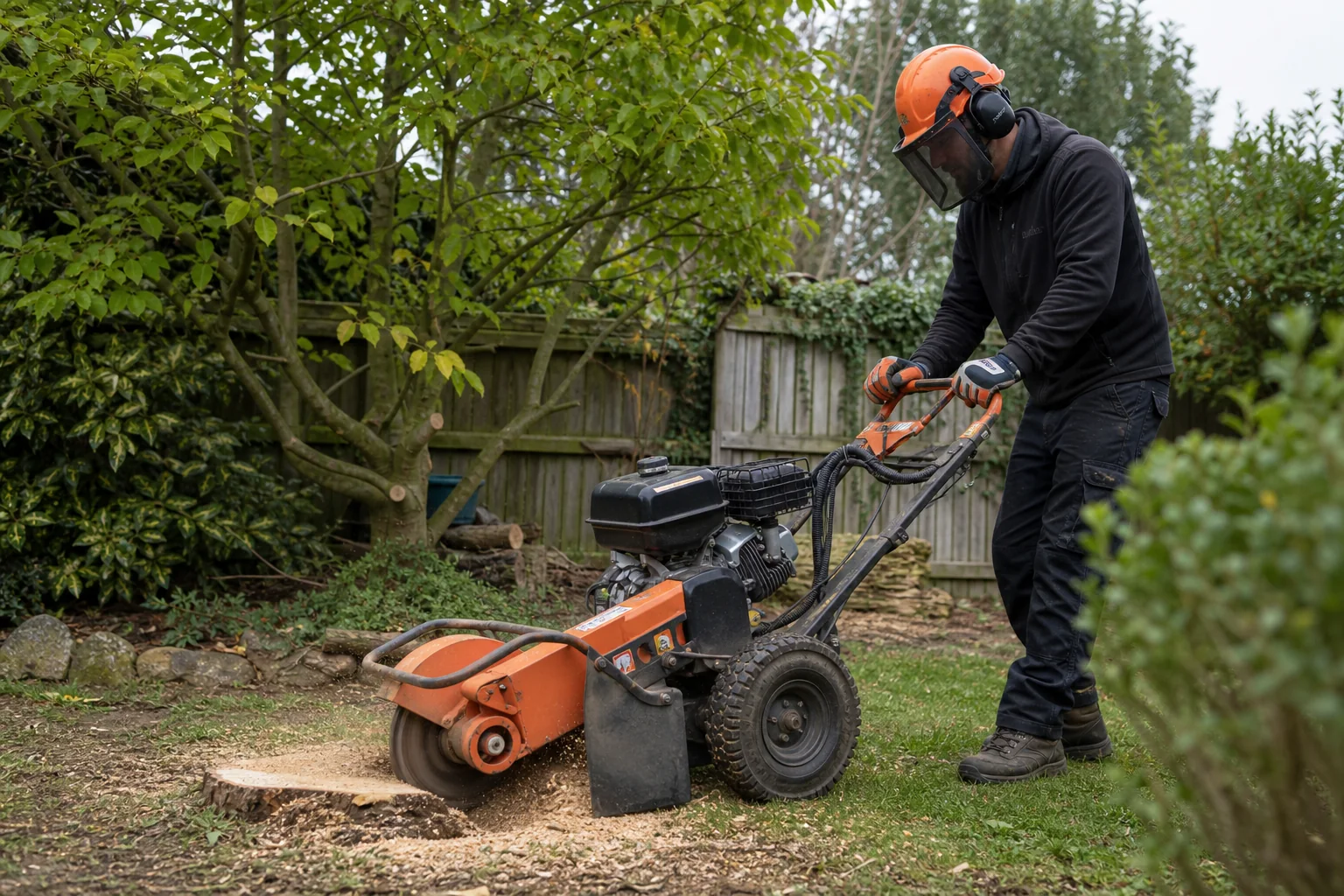 An arborist operating a compact stump grinder in a residential garden.