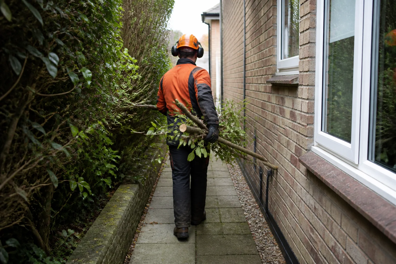 Cut branches being carried through a narrow side passage beside a brick house.