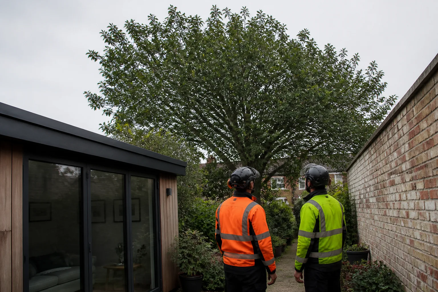 Two arborists assess a broad crown between a garden room and brick wall.