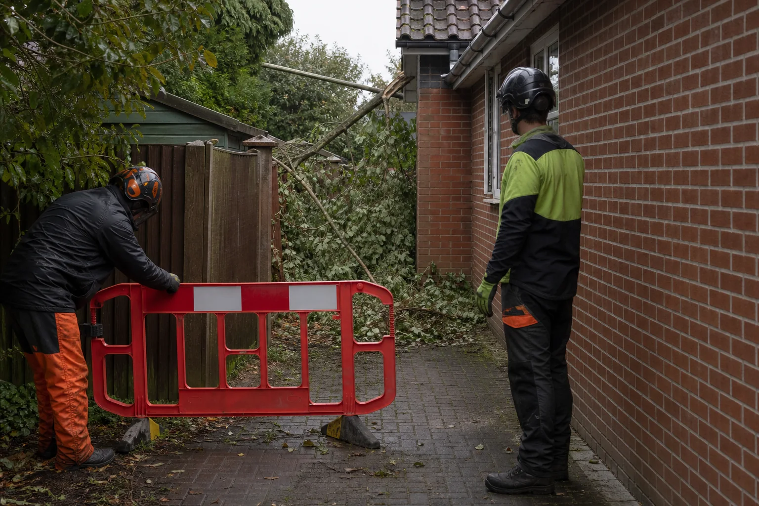 Workers close a side passage blocked by a fallen branch.