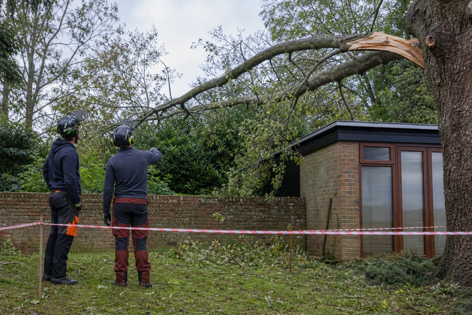 Two arborists assess a storm-broken limb from behind an exclusion line.