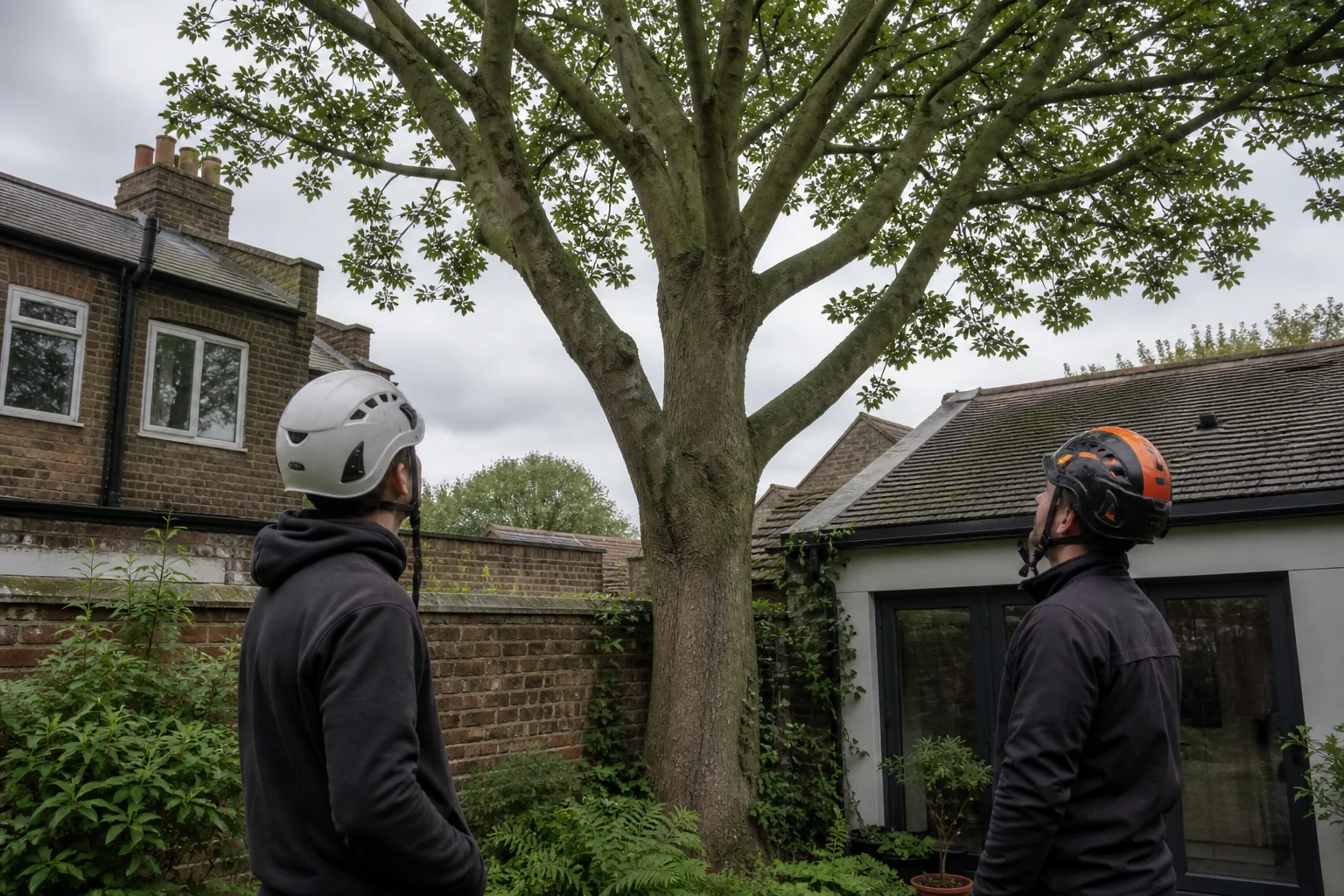 Two arborists assess a mature tree between a brick wall and garden room.
