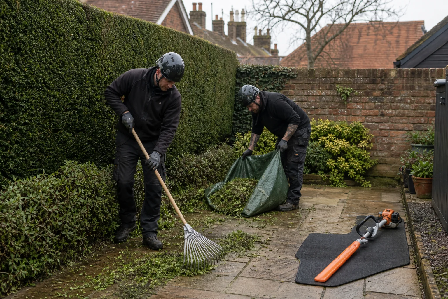 Two workers gather hedge clippings beside a trimmed hedge and brick wall.