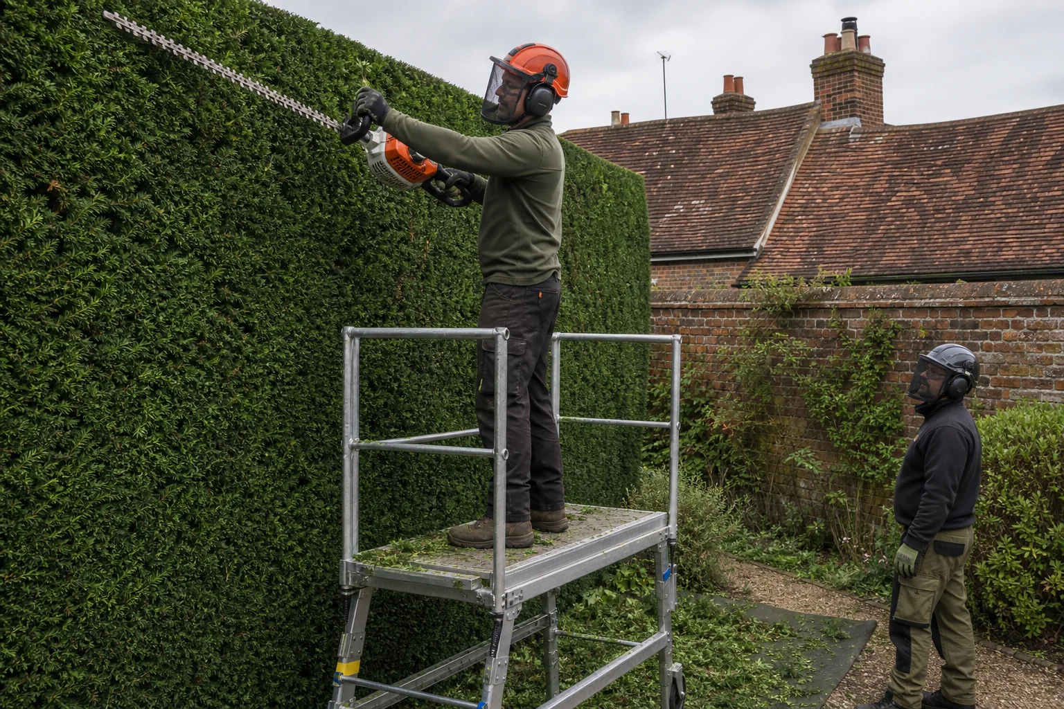 A worker uses a petrol long-reach hedge cutter from a guard-railed platform.