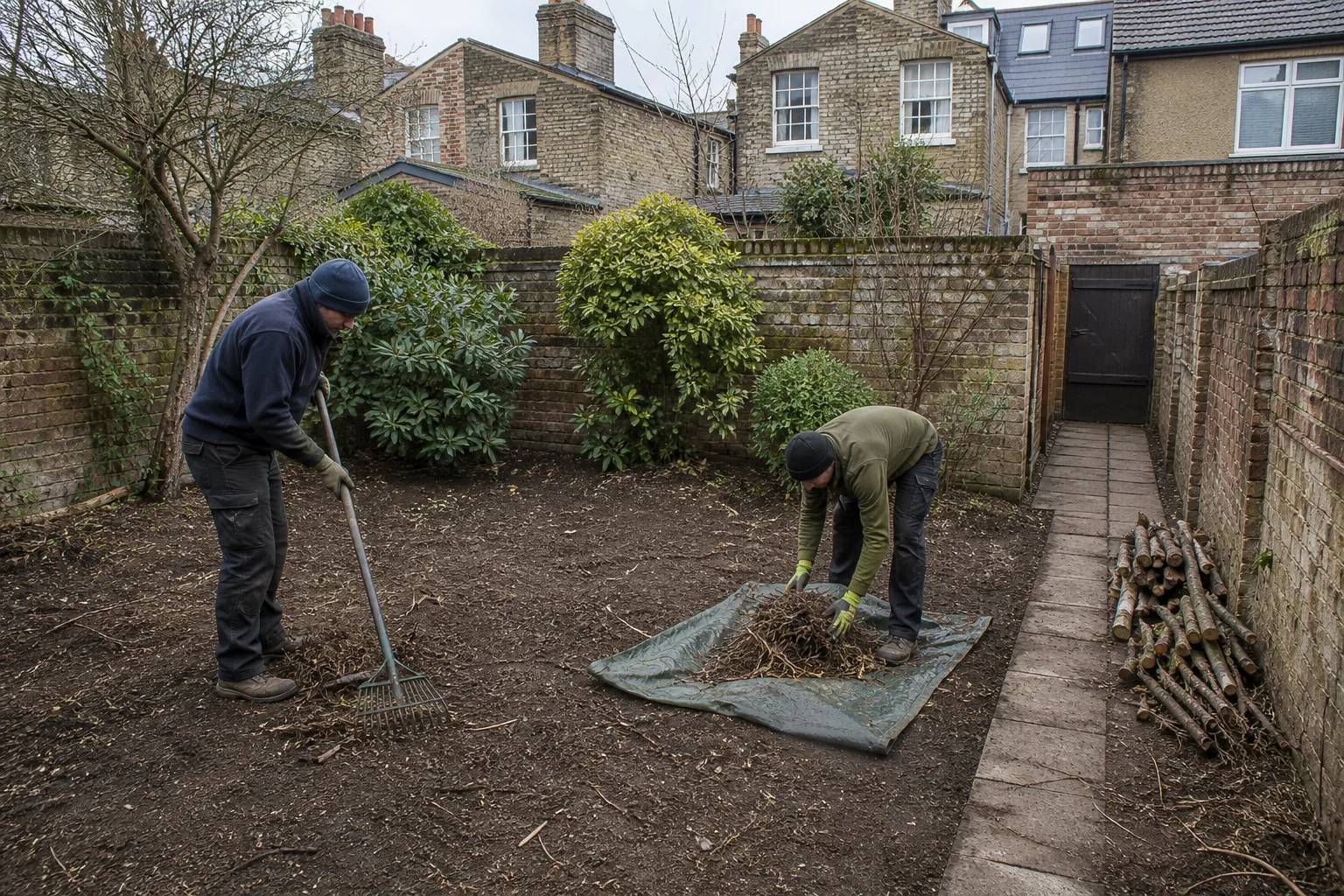 Two workers rake a cleared walled plot with shrubs and stacked timber retained.