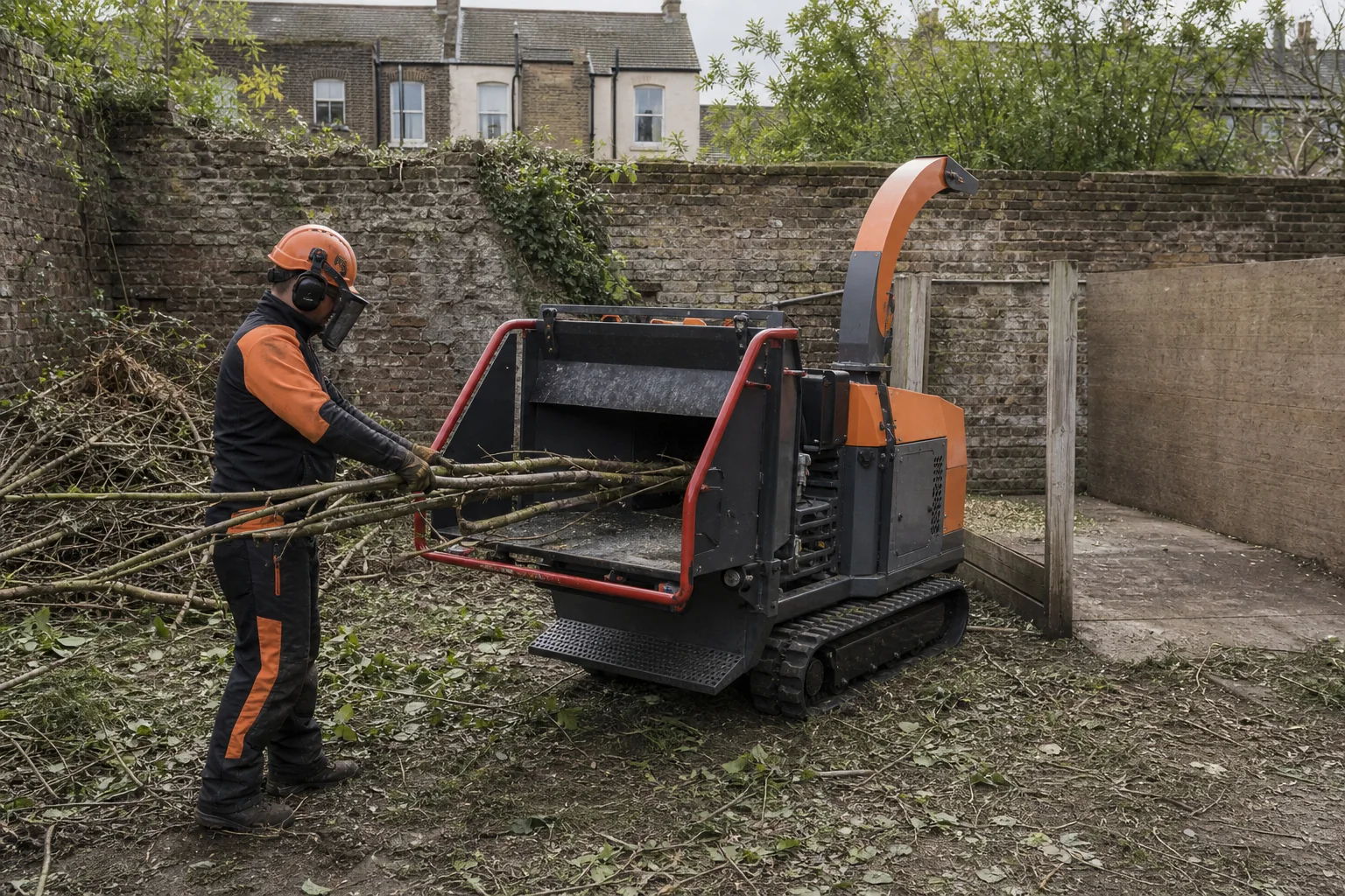 A worker feeds sorted branches into a guarded tracked wood chipper.