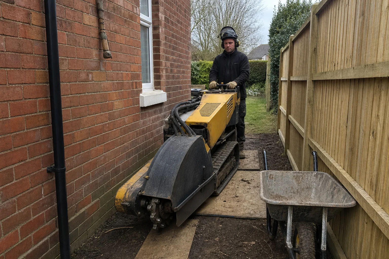 A worker guides a compact tracked stump grinder through a narrow side passage.