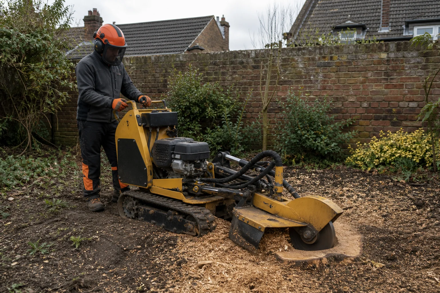 An operator uses a guarded tracked stump grinder on a garden stump.