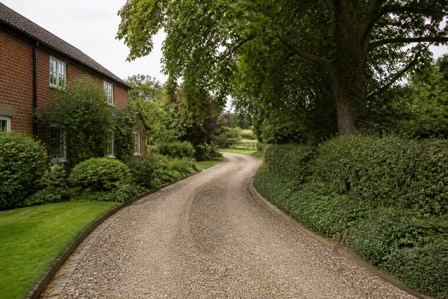 A long curving gravel drive passes a red-brick home beneath mature broadleaf branches and beside established planting.